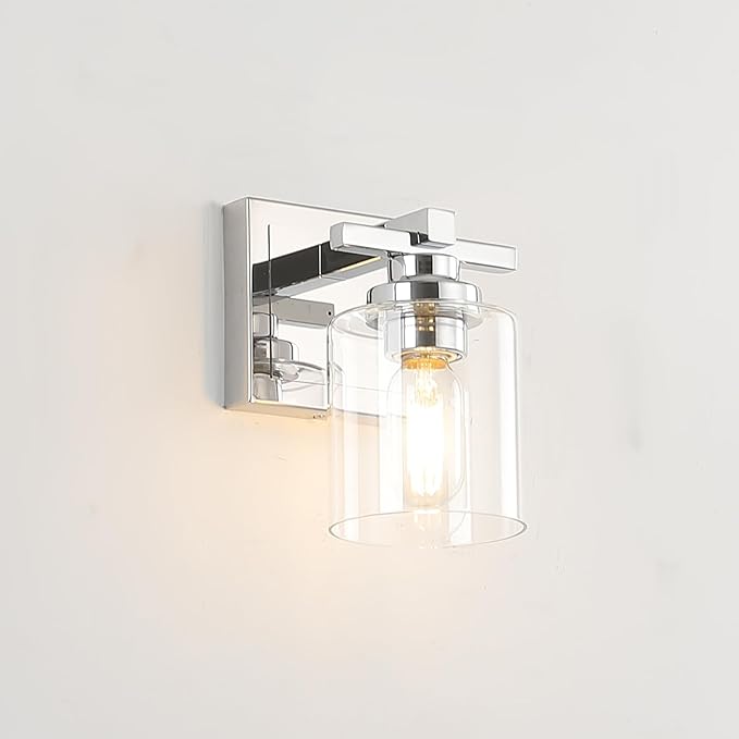 1 Light Modern Bathroom Light Fixtures Over Mirror, Chrome Vanity Lights for Bathroom Wall Sconces with Clear Glass Shades, E26 Socket (Bulbs Not Included)