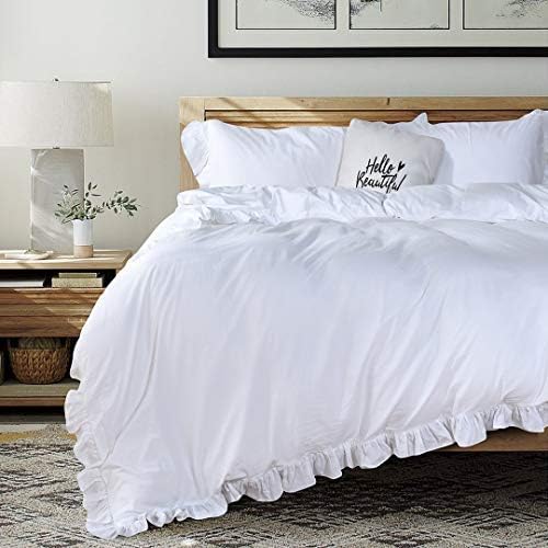 QSH White Ruffle California King Duvet Cover, Washed Cotton Farmhouse Shabby Boho Chic Bedding Comforter Quilt Cover Oversized Vintage Rustic French Country Aesthetic Bedding 3 Pieces