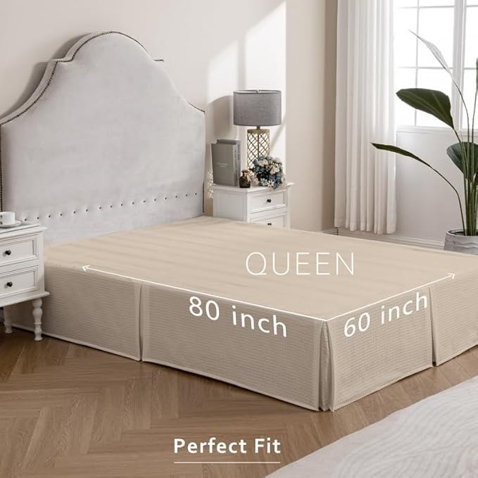 MIYE Pleated Waffle Weave Bed Skirt, Tailored Dust Ruffle 12 Inch Drop Easy Fit, Machine Washable,No Split Corners (Beige, Queen - 12" Drop)