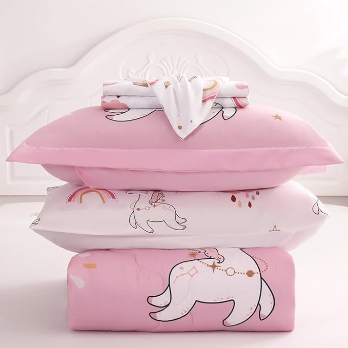 Wajade Kids Pink Unicorn Comforter Set Bed in A Bag Queen Size 7 Piece Cute Unicorn Rainbow Clouds Bedding Set for Girls (1 Comforter, 1 Flat Sheet, 1 Fitted Sheet, 2 Pillowcase and 2 Pillow Sham)