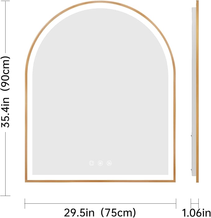 Arched LED Mirror for Bathroom 30"x36", Orange Gold LED Bathroom Mirror with Lights-Fogless, Dimmable, 3 Color Changing, Shatterproof, Touch Sensor
