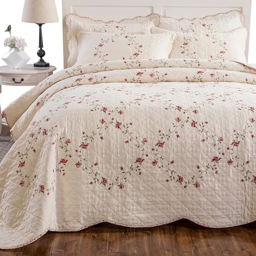 Quilt Set Floral Leaves 3D Embroidery Pattern 3 PCS Cotton Reversible Quilted Embroidered Decorative Bedspreads Coverlet Set, Lightweight &Soft Full Size Beige Bedding Coverlet for All Season