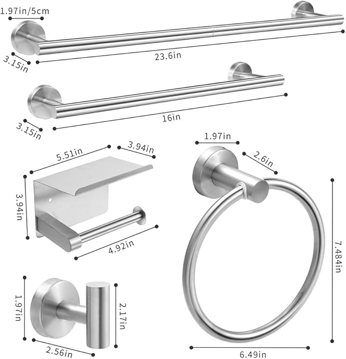 Brushed Silver 8-Piece Bathroom Hardware Set Stainless Steel, 24in and 16in Towel Bars Set Wall Mounted Bathroom Accessories