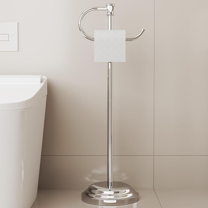 BESy Toilet Paper Holder Free Standing Bathroom Toilet Tissue Holder Stand for Floor Toilet Paper Roll Holder with Storage Hardware Accessories Rack Hand Towel Bar Polished Chrome Stainless Steel