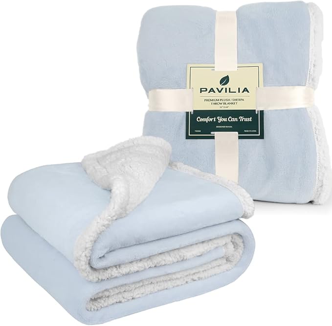 PAVILIA Sherpa Fleece Throw Blanket for Couch, Light Blue, Plush Soft Fuzzy Sofa Blanket, Cozy Reversible Winter Throw for Women Men, 50x60 Inches