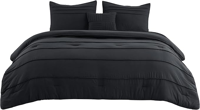 Bedsure California King Comforter Set - 4 Pieces Pinch Pleat Bed Set, Black Boho Bedding for All Season, 1 Soft Comforter, 2 Pillowcases, 1 Decorative Pillow