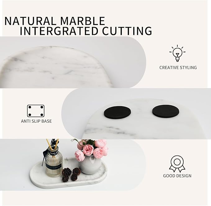 White Marble Vanity Tray for Bathroom Counter, 10"x5" Decorative Tray for Perfume, Candles, Stone Jewelry Dish Tray (White, 9.8X4.7)