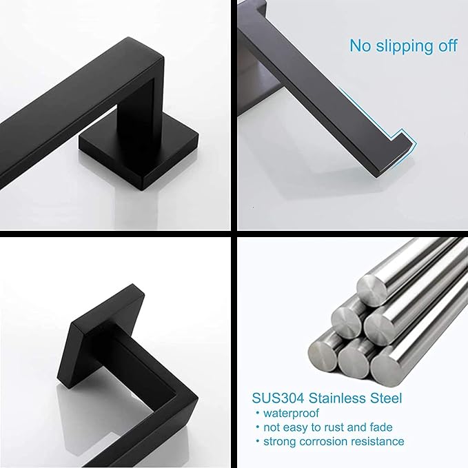Ralbay 24" Matte Black Towel Bar 3-Pieces Set SUS 304 Stainless Steel Square Style Wall Mounted Towel Rack Set, Includes 24" Towel Single Bar, Toilet Paper Holder, Robe Towel Hook