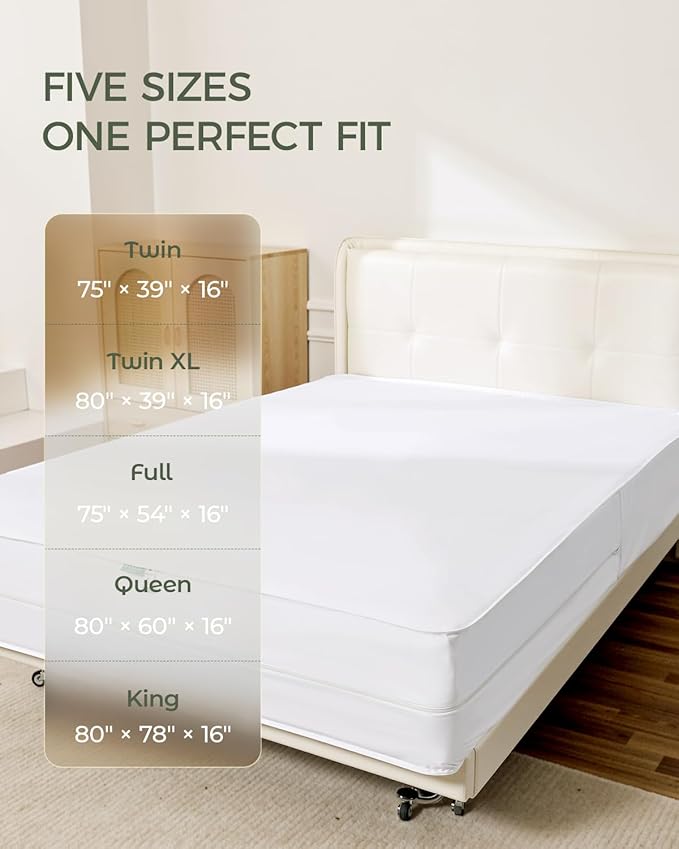 FAUNNA Zippered Mattress Encasement, 100% Cotton Bed Bug and Dust Mite Proof Mattress Protector, Hypoallergenic, Antibacterial Protection, Noiseless Zipper, Six-Sided Cover (Queen 16" Deep)