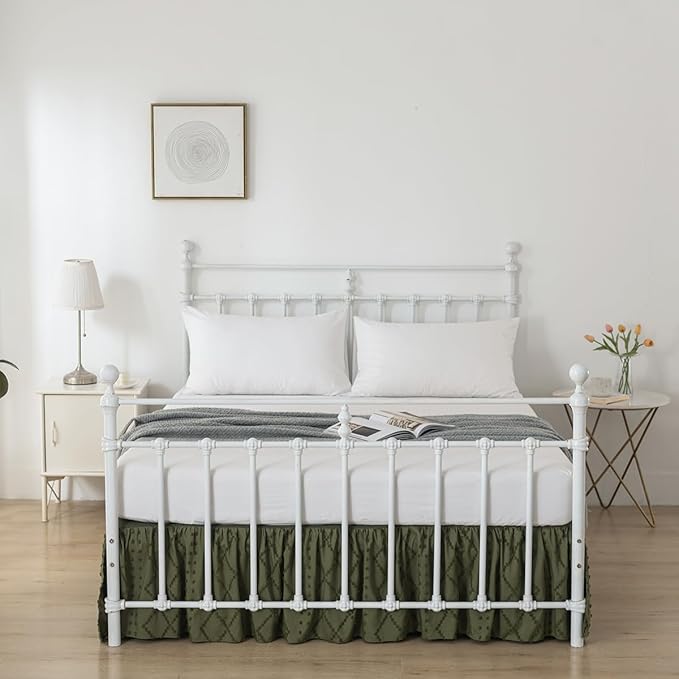 Bed Skirt King Size Ruffled Bed Skirt with Split Corners, 12 Inch Drop Dust Ruffle Bed Skirts with Platform, Boho Tufted Shabby Chic King Size Bed Skirts, Olive Green