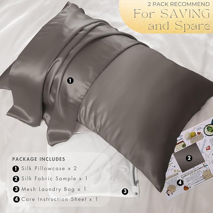 PROMEED 100% Silk Pillowcase 2 Pack, Zipper Closure, 23 Momme 3rd Gen Grade 6A+ Mulberry Silk Pillow Case Set of 2, Real Silk Pillow Cases for Hair and Skin (King 20"x36", Grey)