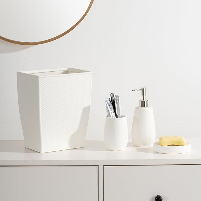 White Bathroom Accessories Set, 3pcs Ceramic Wave Design Farmhouse Decor, Complete countertop Bathroom Decor with soap Dispenser,Toothbrush Holder and soap Dish for Stylish Bathroom Organization