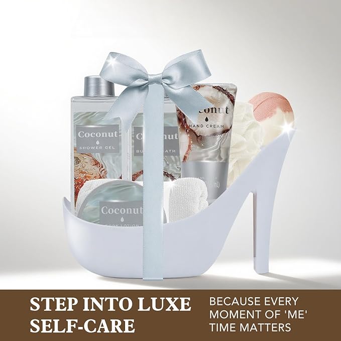 Tropical Coconut Christmas Gifts for Women Spa Basket, High Heel Bath Set with Shea Butter & Exotic Oils, Mother's Day Gifts for Mom, Her, Wife