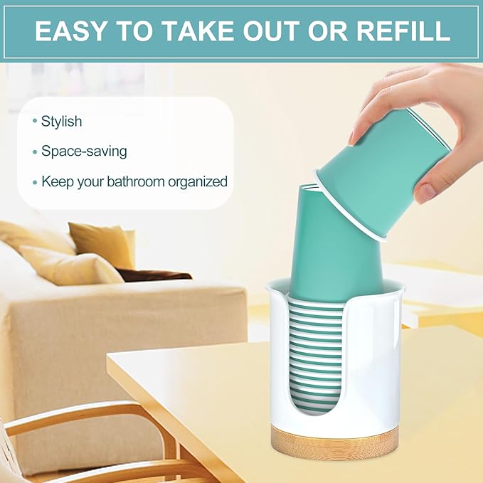 2 Pack Bathroom Cup Dispenser - Small Cup Holder and Mouthwash Cups Holder for 3 Oz Countertop - Convenient Paper Cup Dispenser - Bamboo Wood Base Bathroom Cup Holder(White)