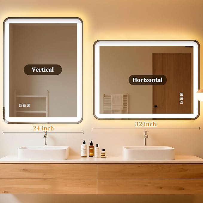 24"x32" LED Bathroom Mirror with Lights, Front and Backlit, Stepless Dimmable, Lighted Mirror for Bathroom Wall, 3 Colors Dimmable Vanity Mirror with Lights, Anti-Fog, Shatter-Proof Glass(Round)