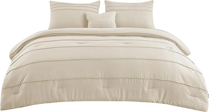 Bedsure Full Comforter Set - 4 Pieces Pinch Pleat Bed Set, Linen Boho Bedding for All Season, 1 Soft Comforter, 2 Pillowcases, 1 Decorative Pillow