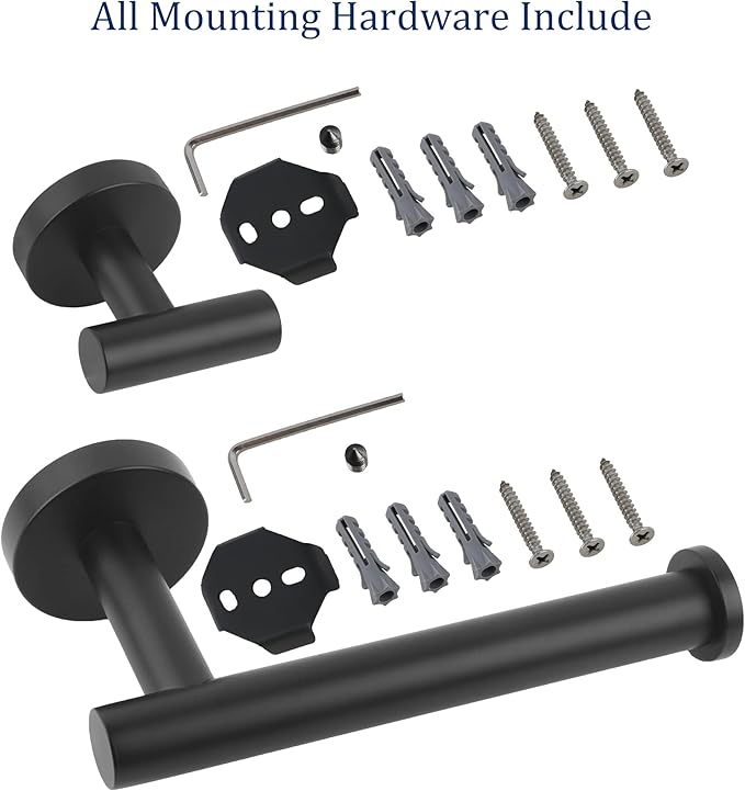 Matte Black Bathroom Hardware Set, Premium Stainless Steel 3-Piece Include 5 Inch Toilet Paper Holders and 2 Towel Robe Holder Hook for Bathroom, Kitchen, Washroom Wall Mount