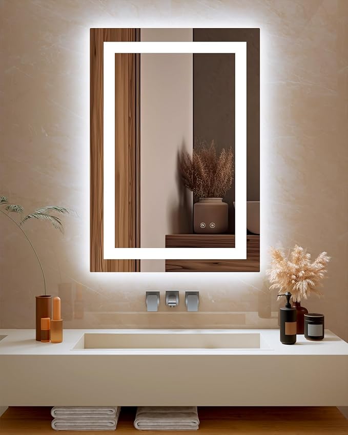 Ensenior LED Bathroom Mirror 24"x 32" with Front and Backlight, Stepless Dimmable Wall Mirrors with Anti-Fog, Shatter-Proof, Memory, 3 Colors, Modern LED Vanity Mirror-ETL & FCC