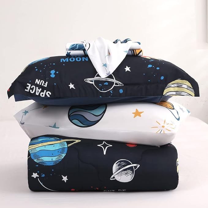 Wajade Kids Space Comforter Set Bed in A Bag Full Size 7 Piece 3D Space Rocket Planets Bedding Set for Teens Boys Girls (1 Comforter, 1 Flat Sheet, 1 Fitted Sheet, 2 Pillowcase and 2 Pillow Sham)