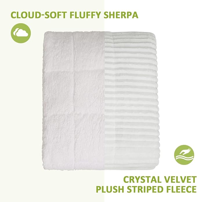 Uttermara Weighted Blanket for Adults Twin Size 15lbs, Striped Ribbed Fuzzy Heavy Blanket, Dual-Sided Ultra Cozy Sherpa & Super Soft Flannel for Sleep, 48x72 Inches, White