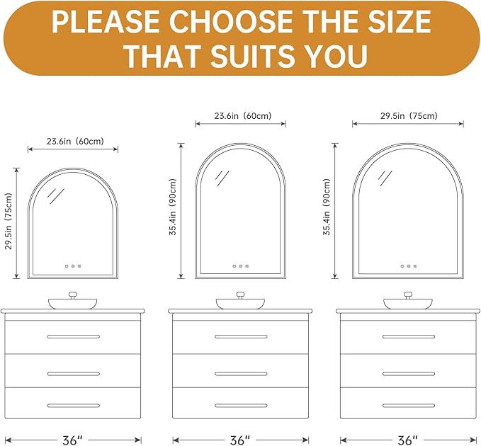 Arched LED Mirror for Bathroom 24"x30", Brushed Gold Lighted Bathroom Mirror with Lights, Fogless, Dimmable, Shatterproof, Touch Sensor, 3 Color Changing