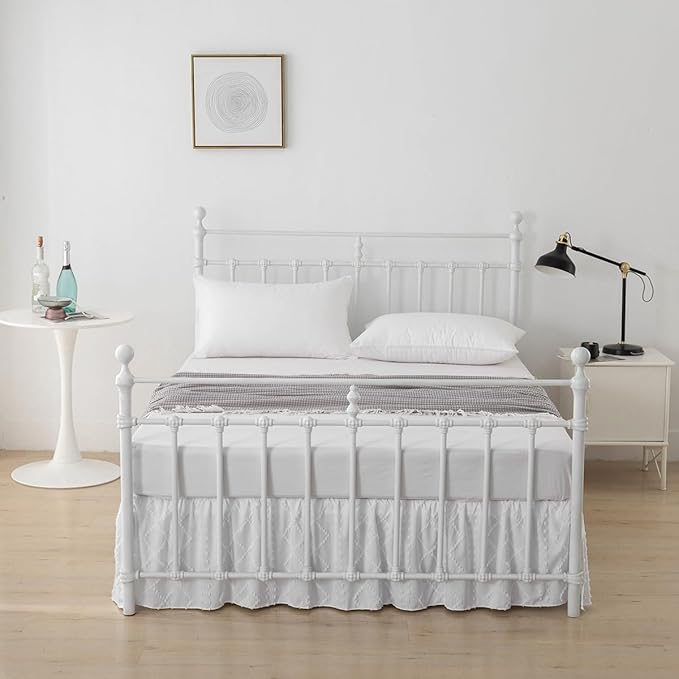 Bed Skirt King Size,Ruffled White Bed Skirt with Split Corners,King Bed Skirt 12 Inch Drop, Boho Tufted Shabby Chic King Size Bed Skirt, Bed Skirt King Size