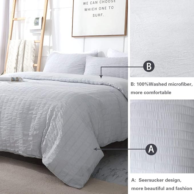AveLom Seersucker Duvet Cover Set Queen Size (90 x 90 inches), 3 Pieces (1 Duvet Cover, 2 Pillow Cases), Light Gray Ultra Soft Washed Microfiber, Textured Duvet Cover with Zipper Closure, Corner Ties