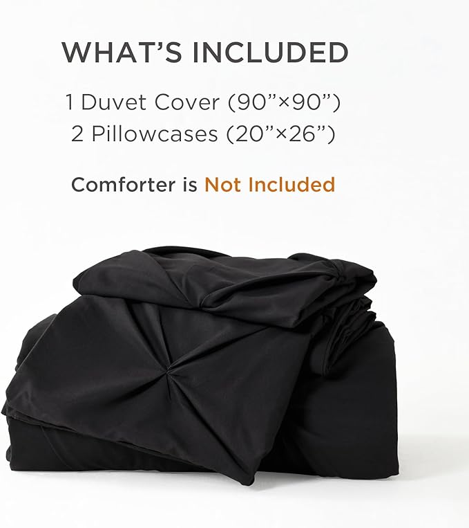 Litanika Black Queen Pinch Pleat Duvet Cover, 3 Pieces Pintuck Cover Soft Microfiber Bedding Set with Zipper Closure & Corner Ties(90x90Inch-1 Duvet Cover, 2 Pillowcases)