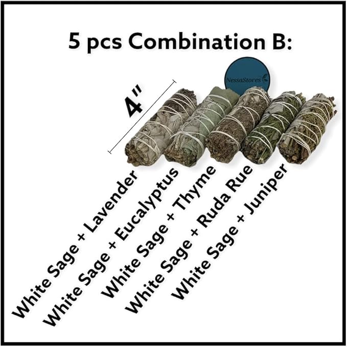 NESSASTORES - White Sage Mixture Smudge Sampler Kit 4" Bundles #JC-230 (10 Kits, 5 pcs Combination B)