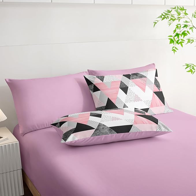 Twin Size Comforter Set - 7 Piece Pink & Gray Triangle Geometric Bedding, Ultra Soft Microfiber, Modern Aesthetic, All Season