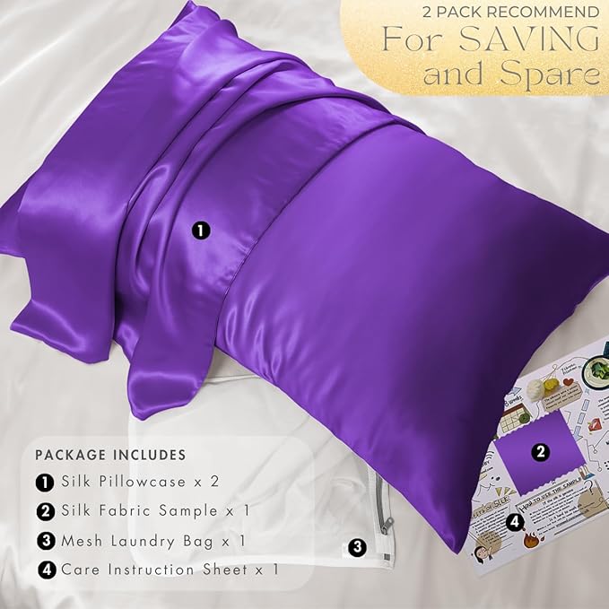 PROMEED 23 Momme Silk Pillowcase 2 Pack with Zipper, 3rd Gen Grade 6A+ 100% Mulberry Silk Pillow Case Set of 2, Cooling Pillow Cases for Hot Sleepers (Standard 20"x26", Purple)