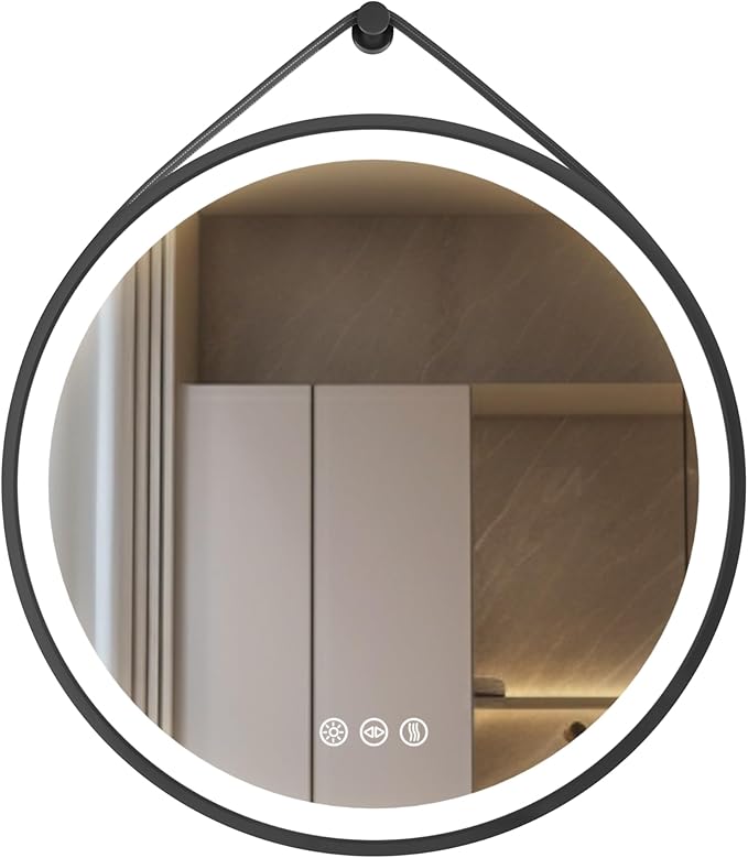 LUVODI Lighted LED Bathroom Mirror: 24” Round Wall Mounted Hanging Vanity Mirror with Front Light - Large Dimmable 3 Colors Makeup Mirror with Black Frame Sensor Touch Anti Fog for Bedroom Entryway