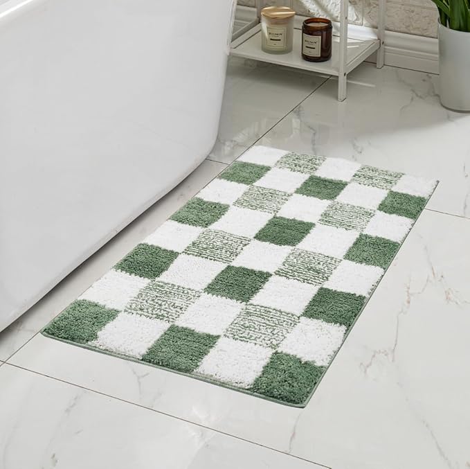 CozeCube Bath mats for Bathroom Non Slip, Fluffy Absorbent Microfiber Bath mat Washable, Aesthetic Bathroom Rugs, Long Sage Green Checkered Bath mat, Sage Green, 47" x 24"