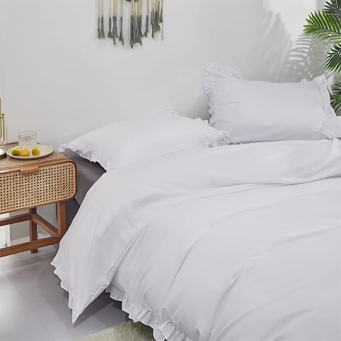 Cottonight White Comforter Set Queen Ruffle Bedding Comforter Set Farmhouse Boho Ruffles White Blanket Quilts Soft Breathable Bedding Set for Queen Bed