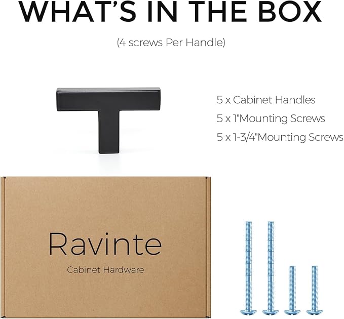Ravinte 5 Pack Solid Single Hole Slim Square Bar Drawer Handles - Cabinet Hardware Pulls in Matte Black - Kitchen and Bathroom Handles
