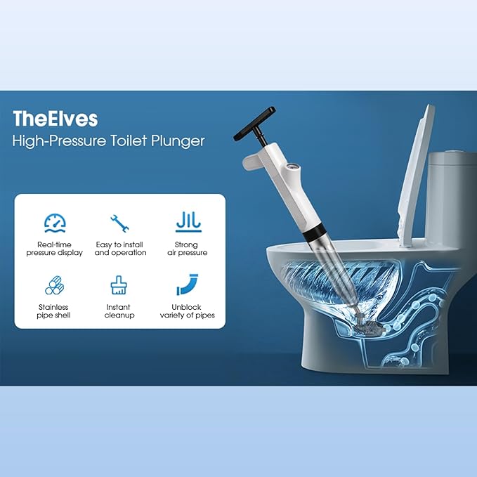 TheElves Toilet Plunger Heavy Duty Pro, Electric High Pressure Toilet Clog Remover Tool, Powerful Bathroom Plunger with Holder for Drain Cleaning - White