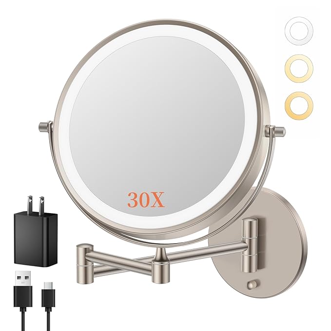 FUNTOUCH 9" 30X/1X Magnifying Wall Mounted Lighted Makeup Mirror, 4500mAh Rechargeable Double Sided Mirror with Light, 3 Color Lights,Touch Dimmable, 360 Rotation Extended Arm for Bathroom,Nickel