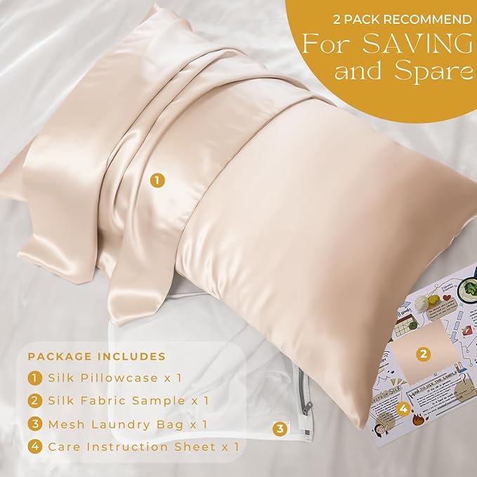 PROMEED 100% Silk Pillowcase for Hair and Skin, Both Sides Grade 6A+ 23mm Mulberry Silk Pillow Case with Hidden Zipper, 1400 TC, Soft & Smooth (Queen 20"x30", Champagne)