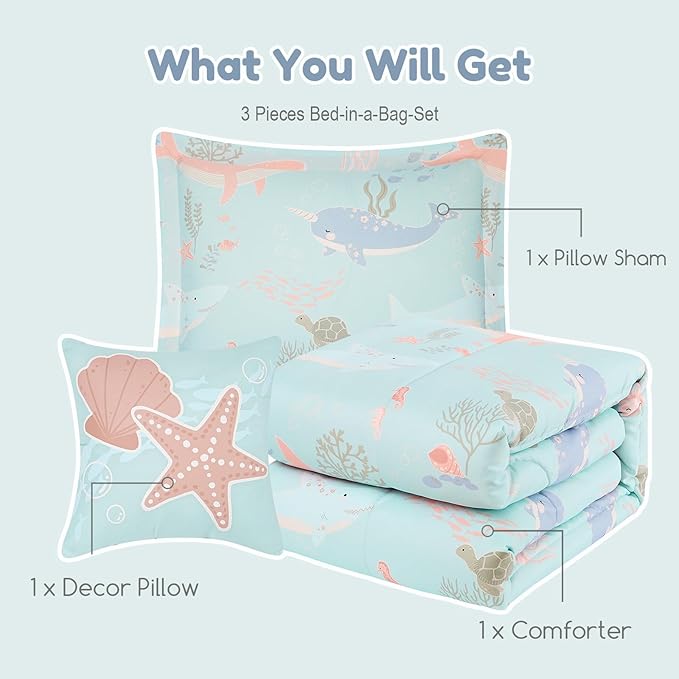 Twin Comforter Set for Girls-3 Pieces Ocean Animals Glow in The Dark Twin Bedding Sets for Kids,1 Comforter,1 Sham and 1 Decor Pillow