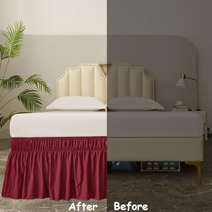 MEILA Wrap Around Bed Skirt Three Fabric Sides Elastic Dust Ruffled 18 Inch Tailored Drop,Easy to Install Fade Resistant-Burgundy, Twin/Full