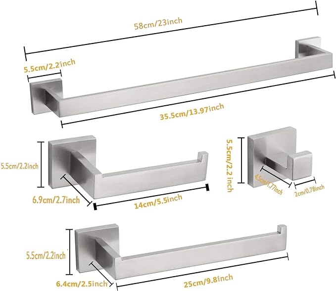 4-Piece Bathroom Hardware Set, Towel Rack Towel Bar Towel Holder Toilet Paper Holder Brushed Nickel Towel Hooks Modern Square Stainless Steel Wall Mounted Bathroom Accessories Set, 23inch