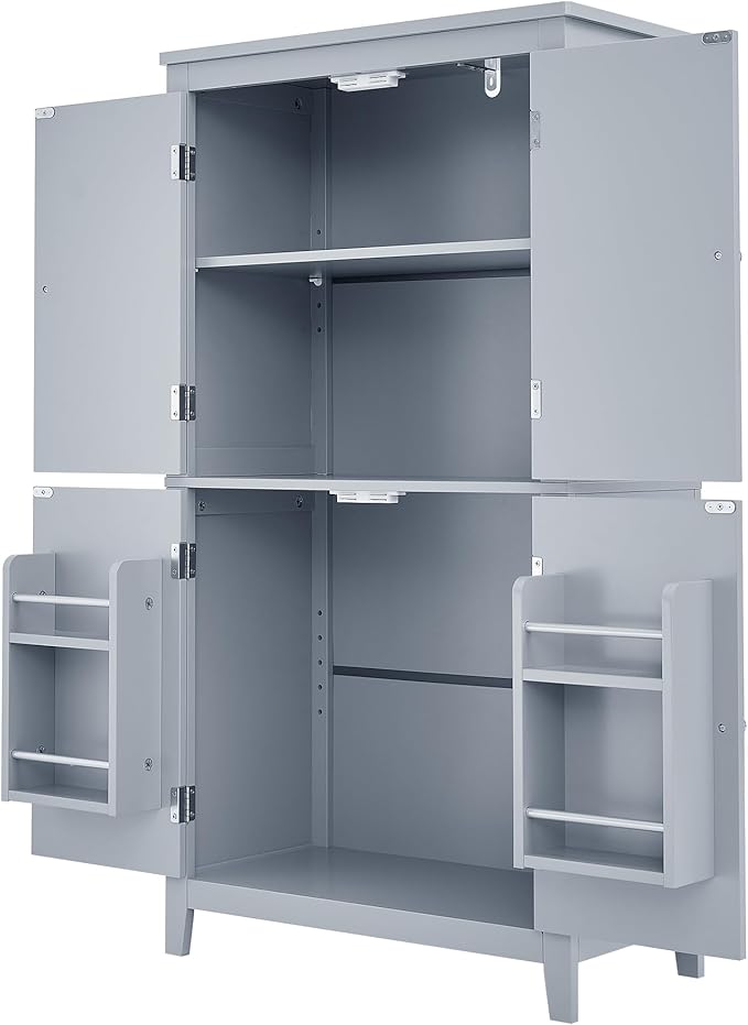 Freestanding Storage Cabinet with 4 Doors,Elegant Organizer Unit with Adjustable Shelves, Sturdy MDF Frame, Anti-Tipping Design, Large Capacity for Bathroom, Kitchen, Office, Home, Grey