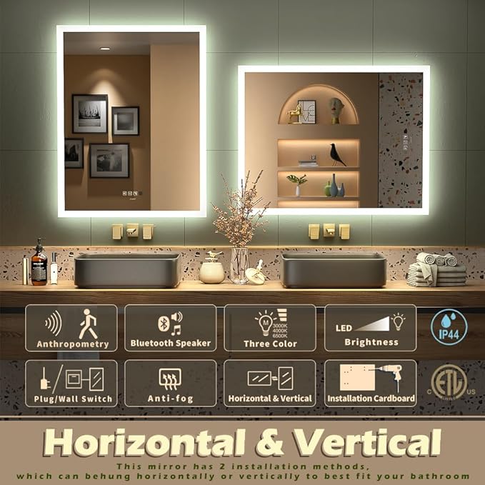 28 x 36 inch LED Bathroom Mirror with Bluetooth Speaker, Induction Switch Light Smart Vanity Mirror Wall Mounted, IP44 Waterproof Anti Fog Vertical & Horizontal