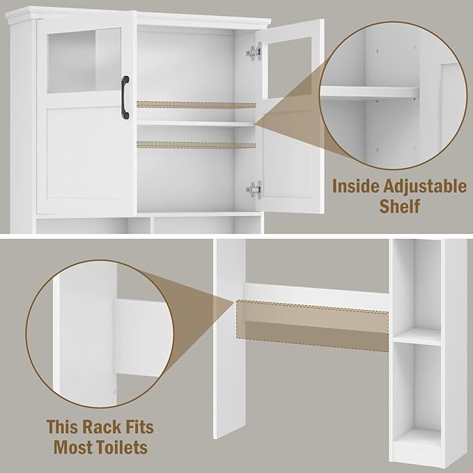 Vabches Freestanding Toilet Storage Cabinet with Double Doors, Shelf Space Saver, Anti-Tip Design & Adjustable Shelf, White