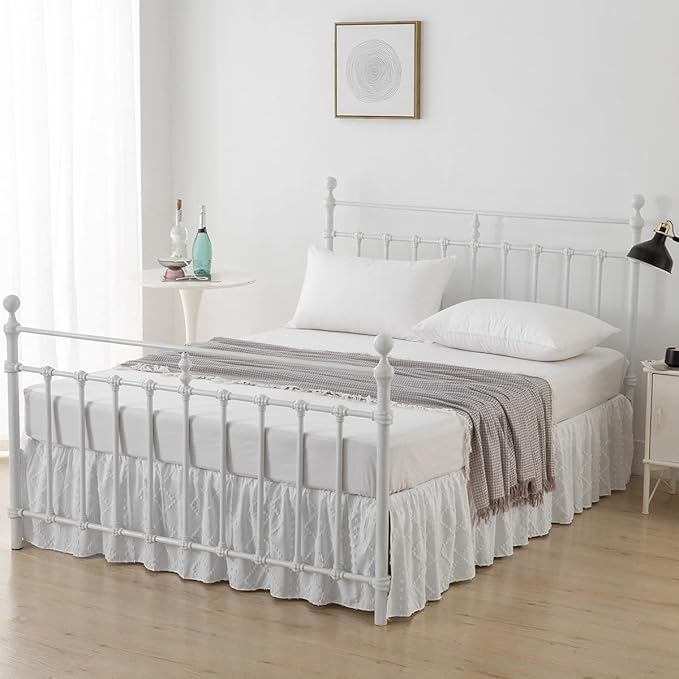 Bed Skirt Full Size,Ruffled White Bed Skirt with Split Corners,Full Bed Skirt 16 Inch Drop, Boho Tufted Shabby Chic Full Size Bed Skirt, Bed Skirt Full Size