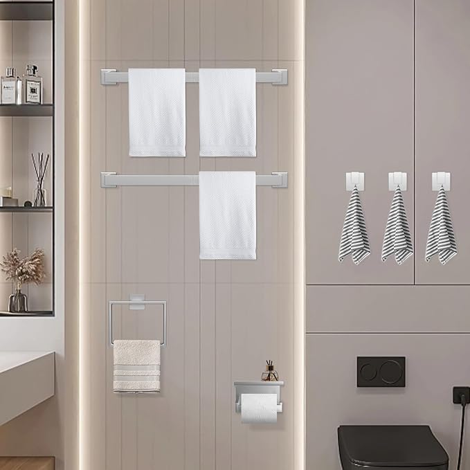 7-Piece Bathroom Hardware Set Brushed Nickel Towel Bar Set with Towel Rack, 2 Square 23-Inch Towel Bars and Stainless Steel Bathroom Accessories Wall Mounted