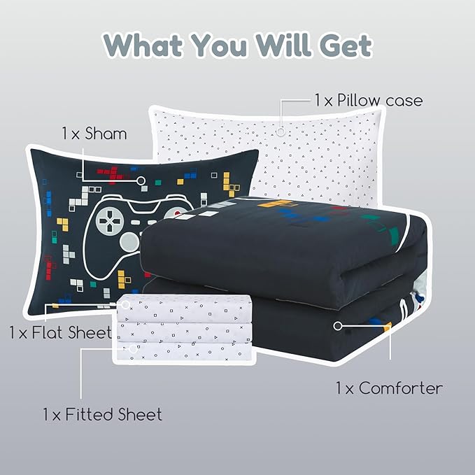 Twin Comforter Set for Boys-5 Pieces Gamer Glow in The Dark Twin Bedding Sets for Kids, Ultra Soft Bed in A Bag with Sheets