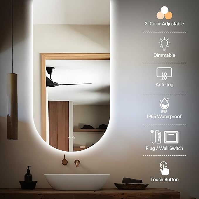 Arched LED Bathroom Mirror, 55"x28" Arch Framless Backlit Mirror with Lights Anti-Fog Dimmable Smart Frameless 3-Color Lighted Vanity Mirror Memory Waterproof, UL Listed, Vertical-Inverted