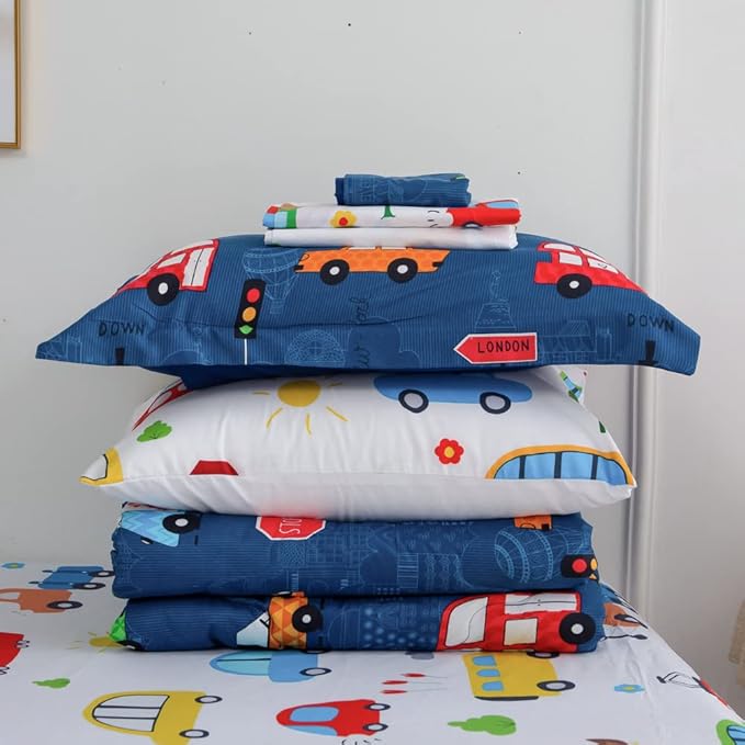 Wajade Cartoon Cars Comforter Set Bed in A Bag Twin Size Colorful Cars Bus Van Traffic Lights Bedding Set for Boys Kids (1 Comforter, 1 Flat Sheet, 1 Fitted Sheet, 2 Pillowcase and 2 Pillow Sham)