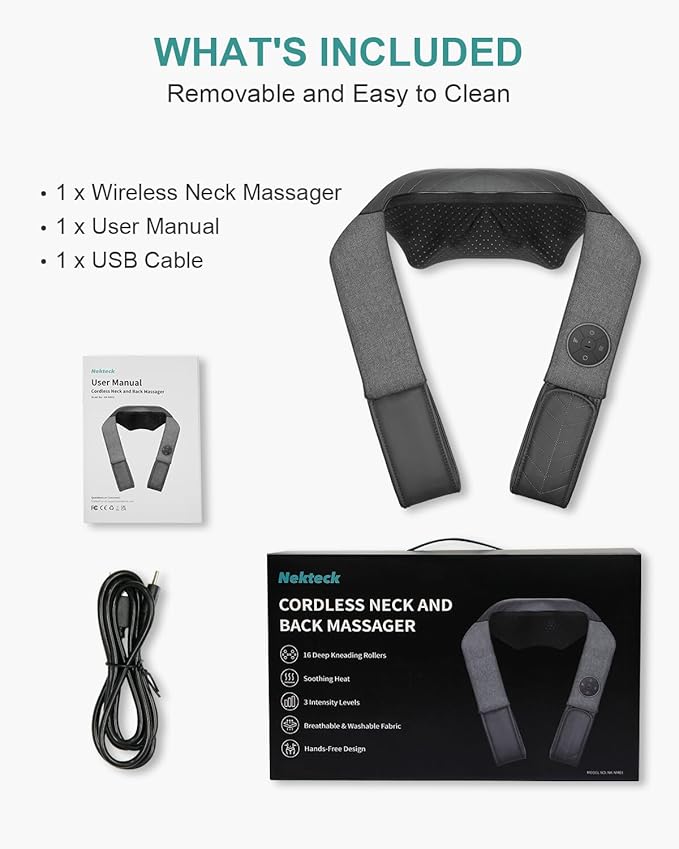 Nekteck Cordless Neck and Back Massager for Pain Relief Deep Tissue, Shiatsu Neck Massager with Heat, Portable Massage Pillow Tool for Shoulder Leg Muscle, Home Office Car Use, Gifts for Men Women Dad